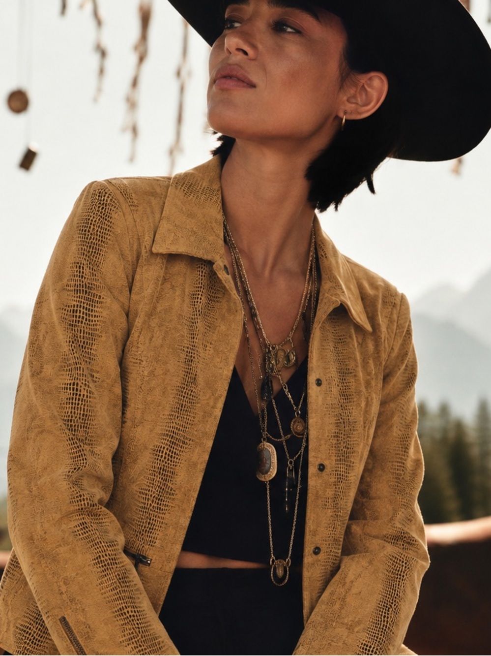Bradley Bayou Coastal Cowgirl Caramel Tan Snakeskin Print Suede Leather Jacket M - Picture 12 of 12